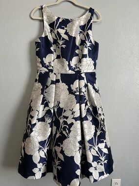 Eliza J Navy and Ivory Floral Fit & Flare Dress. Size 10